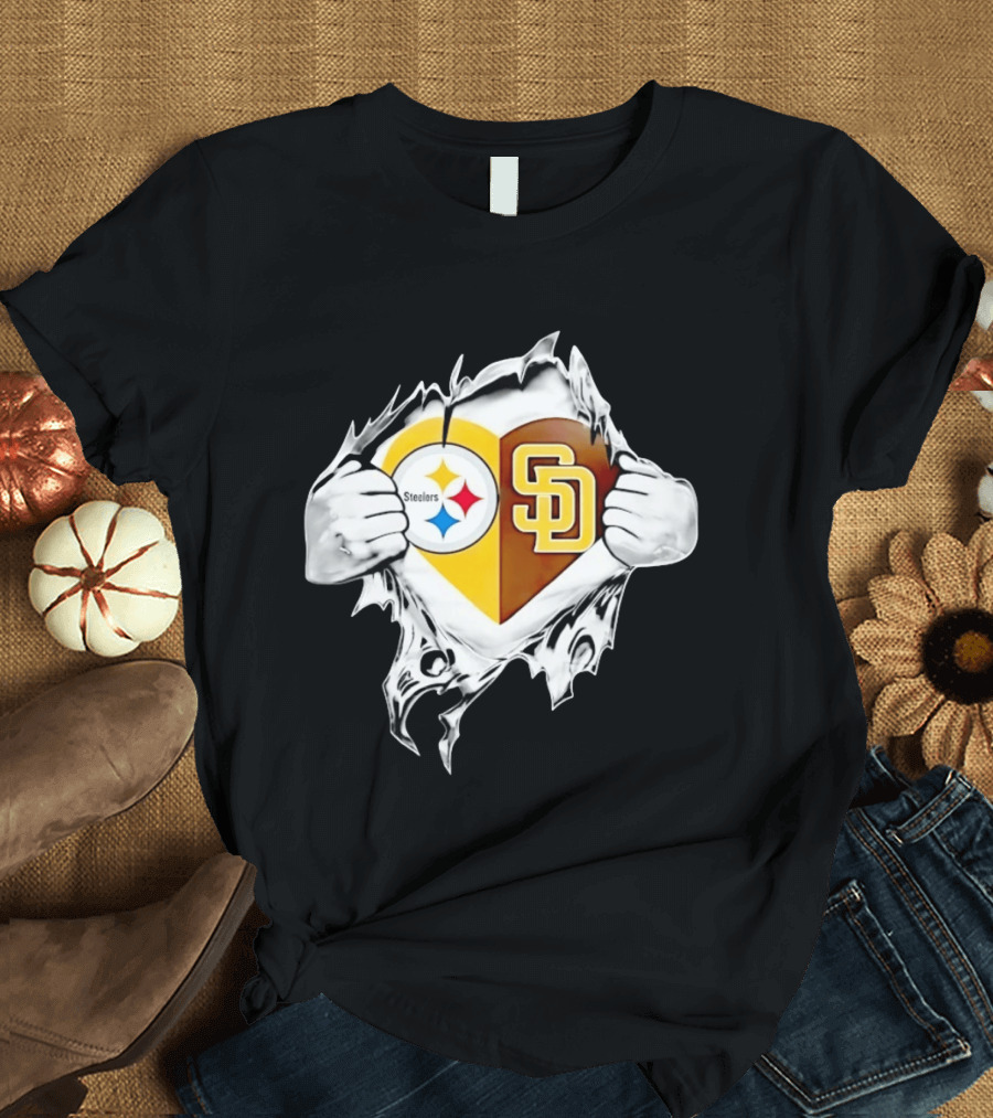 Pittsburgh Steelers San Diego Padres Heart Superman Chest Rip T-Shirt