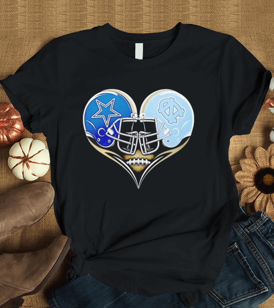 Dallas Cowboys North Carolina Tar Heels Heart Helmet Football T-Shirt