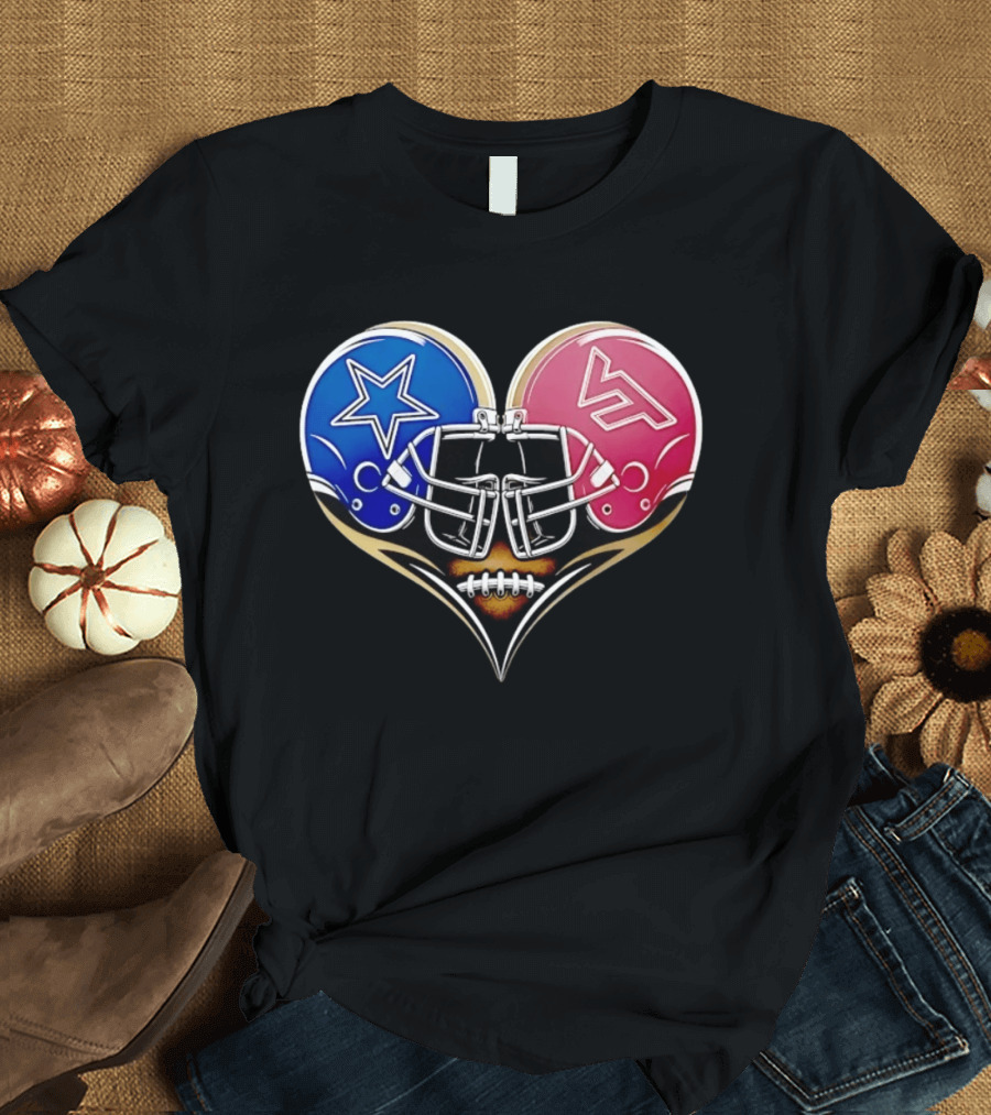 Dallas Cowboys Virginia Tech Hokies Heart Helmet Football T-Shirt