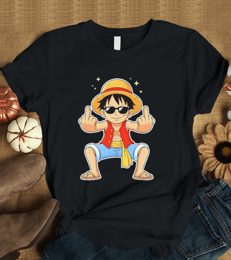 Monkey D Luffy Sunglasses Middle Finger Gesture Anime T-Shirt