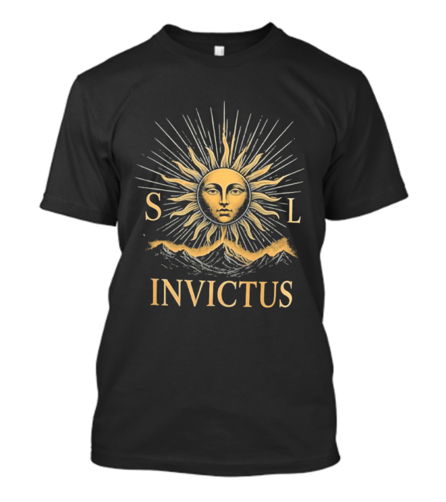 Sol Invictus Sun Face With Radiant Beams And Mountain Celestial T-Shirt