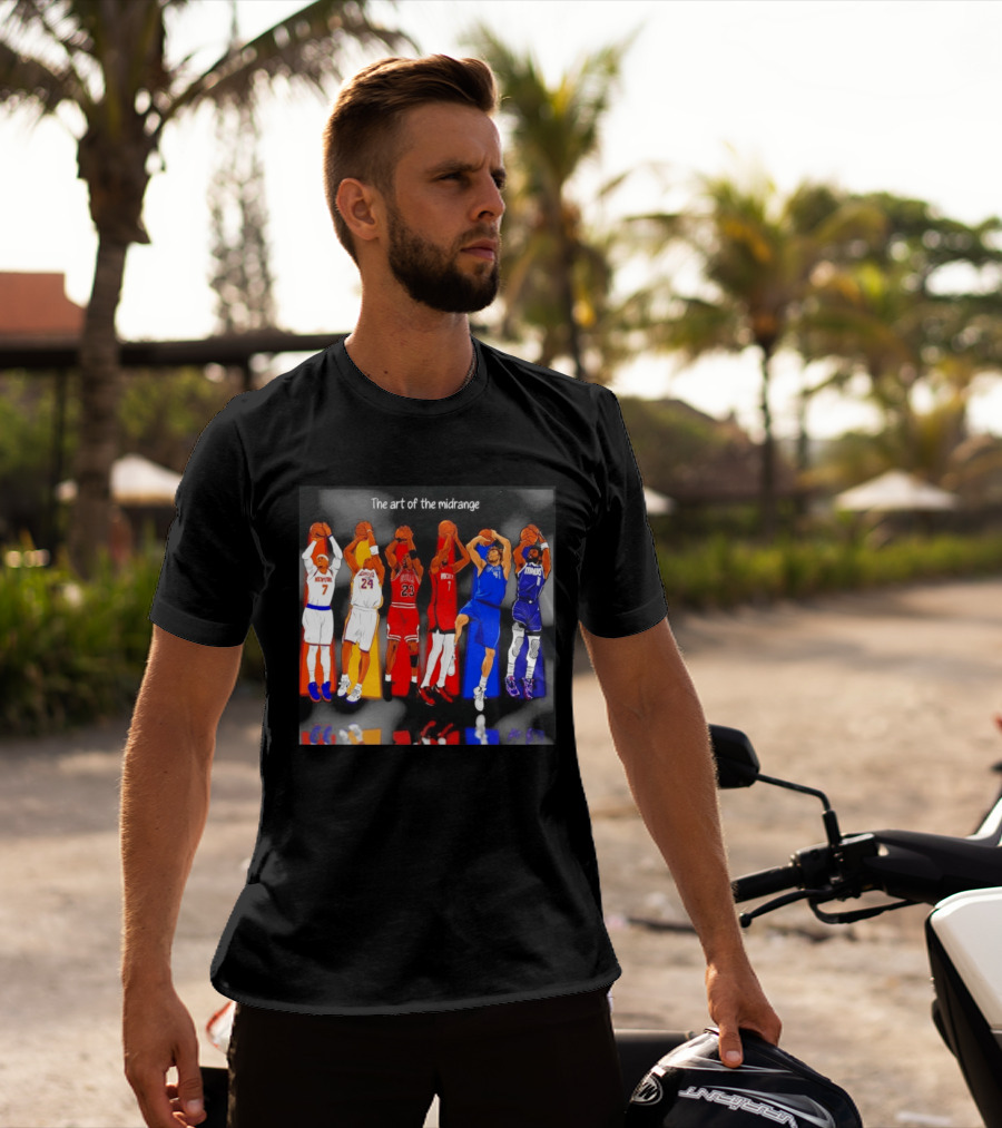 The Art Of The Midrange Basketball Legends Collage Knicks Lakers Bulls Rockets Mavericks T-Shirt