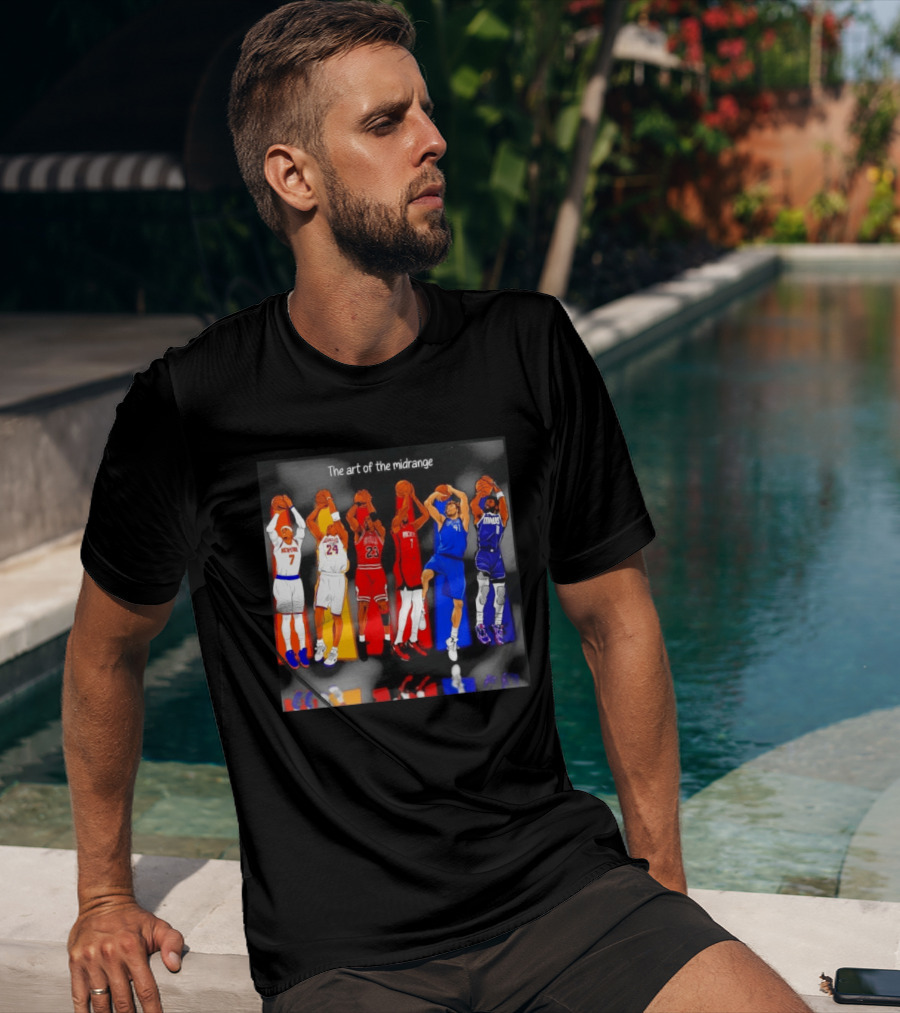The Art Of The Midrange Basketball Legends Collage Knicks Lakers Bulls Rockets Mavericks T-Shirt