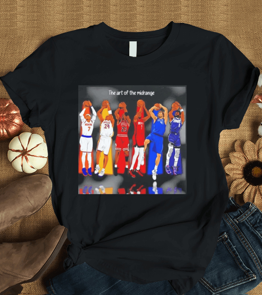 The Art Of The Midrange Basketball Legends Collage Knicks Lakers Bulls Rockets Mavericks T-Shirt