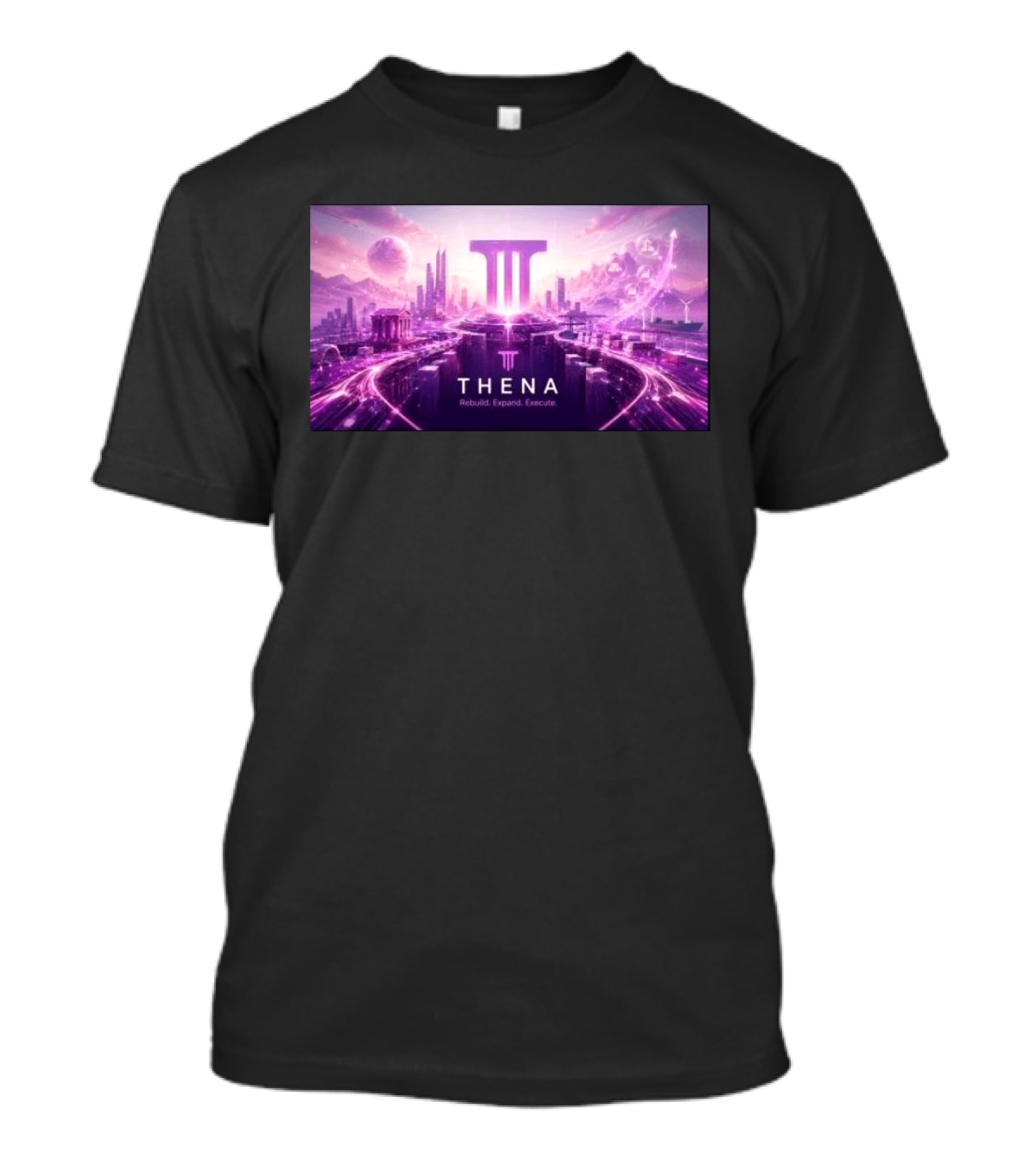 Thena Rebuild Expand Execute Futuristic Cityscape With Purple Skyline And Skyscrapers T-Shirt