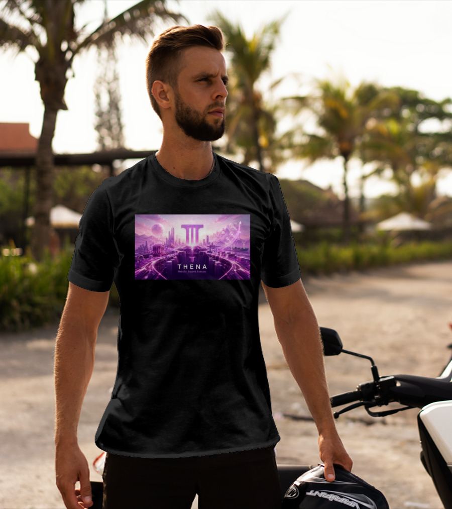 Thena Rebuild Expand Execute Futuristic Cityscape With Purple Skyline And Skyscrapers T-Shirt