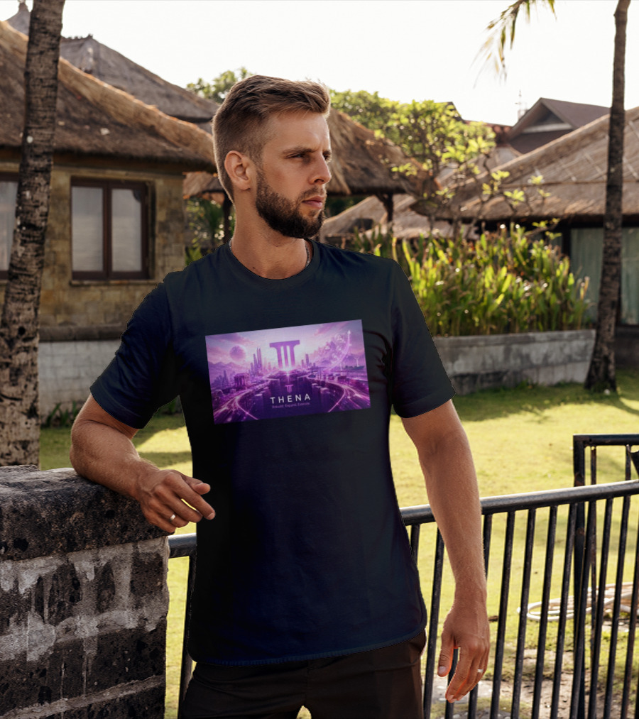 Thena Rebuild Expand Execute Futuristic Cityscape With Purple Skyline And Skyscrapers T-Shirt