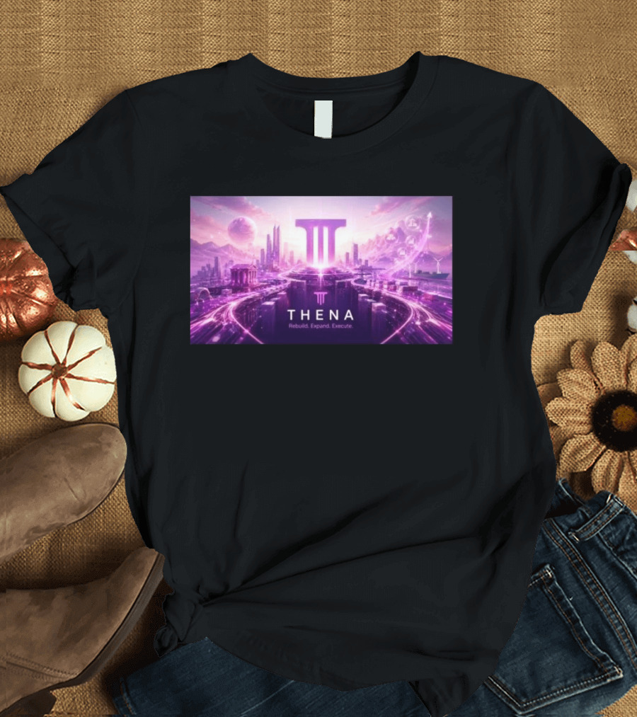 Thena Rebuild Expand Execute Futuristic Cityscape With Purple Skyline And Skyscrapers T-Shirt