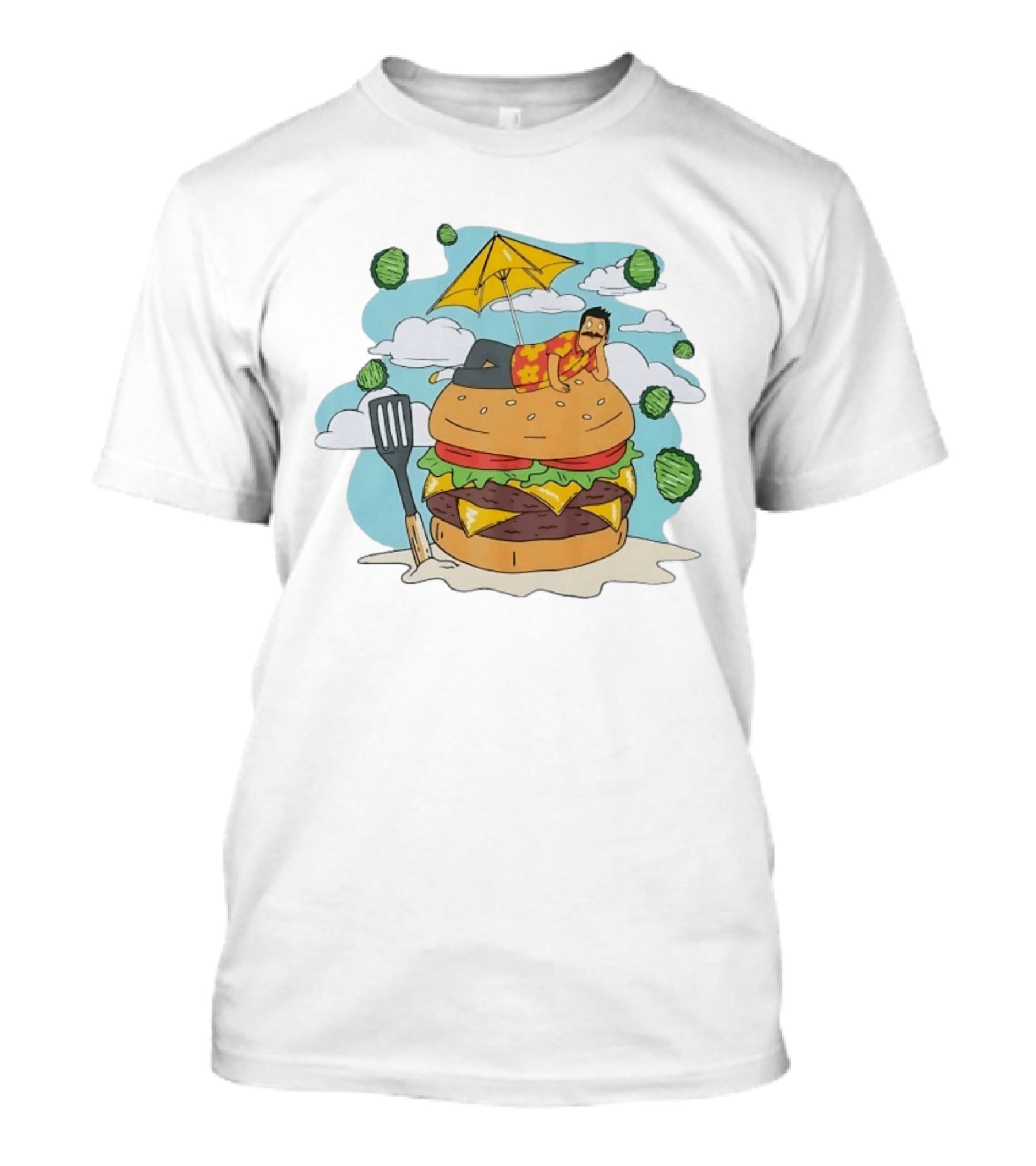 Bob Belcher Relaxing On Giant Burger With Lettuce Clouds And Spatula Bob's Burgers T-Shirt