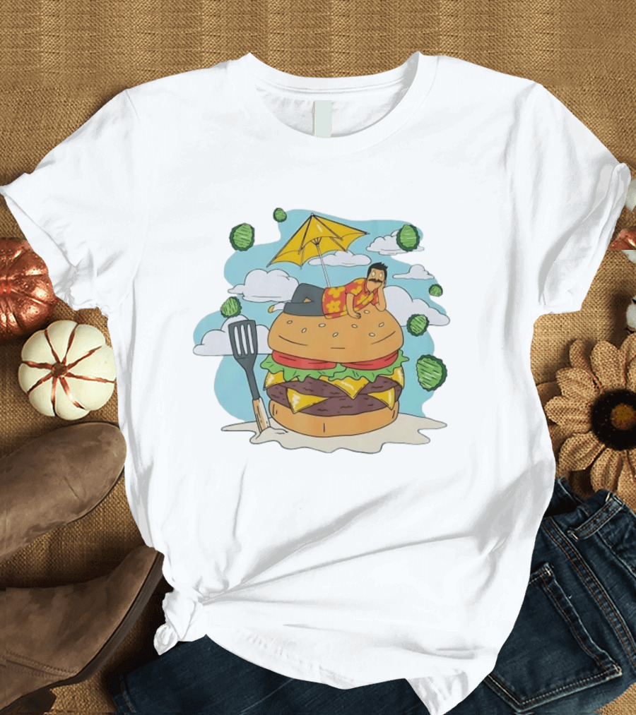 Bob Belcher Relaxing On Giant Burger With Lettuce Clouds And Spatula Bob's Burgers T-Shirt