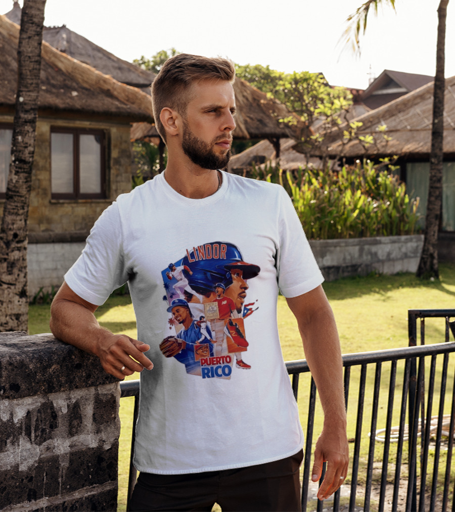 Francisco Lindor Puerto Rico New York Mets Baseball Legend Blue And Orange Helmet Dynamic Action Moves T-Shirt