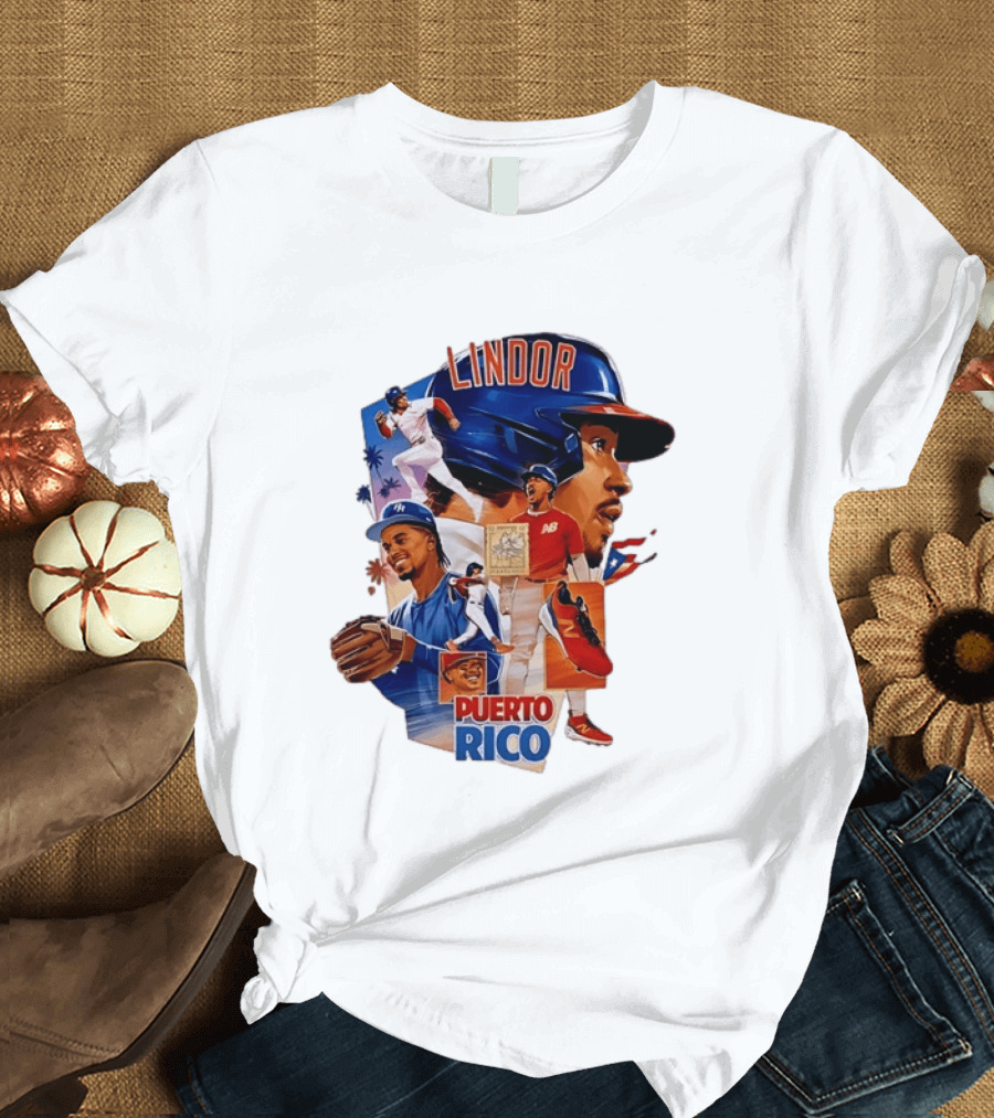 Francisco Lindor Puerto Rico New York Mets Baseball Legend Blue And Orange Helmet Dynamic Action Moves T-Shirt