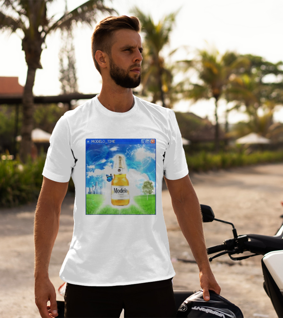 Modelo Time Frutiger Aero Aesthetic Butterfly Bottle Clouds Cityscape T-Shirt