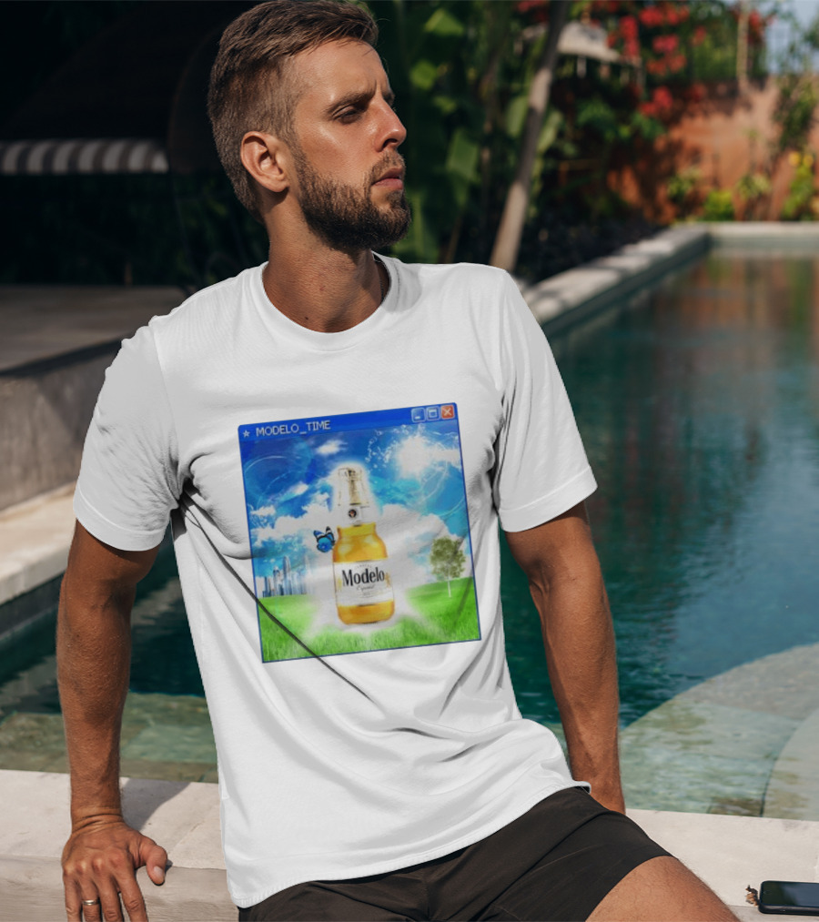 Modelo Time Frutiger Aero Aesthetic Butterfly Bottle Clouds Cityscape T-Shirt