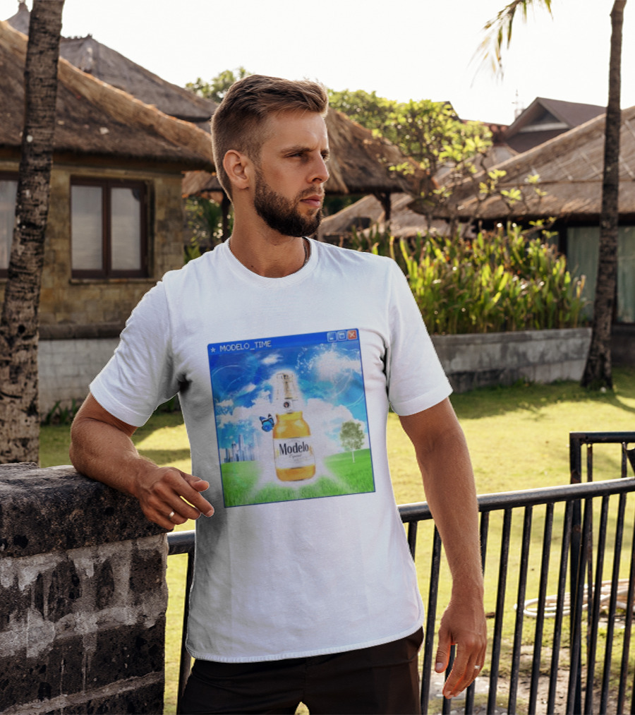 Modelo Time Frutiger Aero Aesthetic Butterfly Bottle Clouds Cityscape T-Shirt