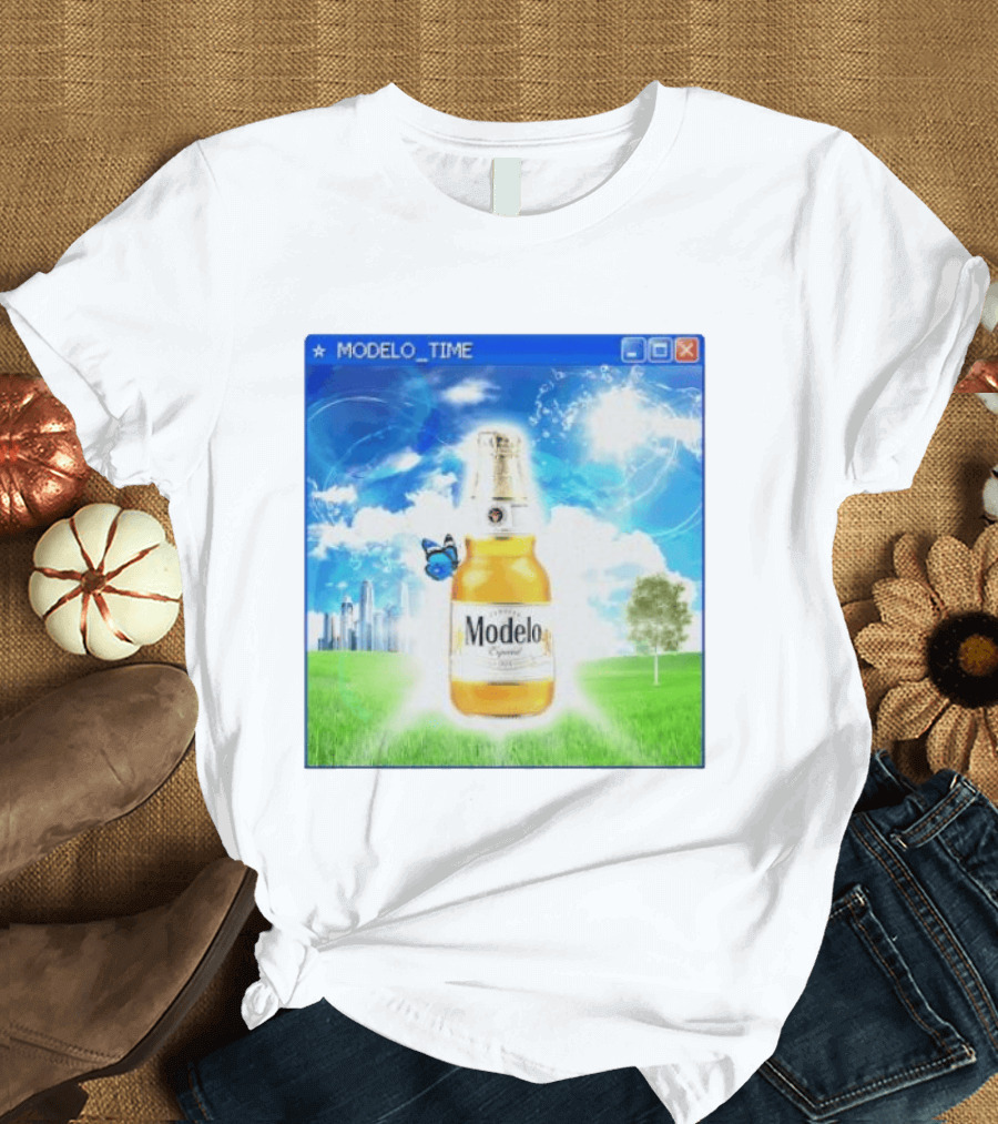 Modelo Time Frutiger Aero Aesthetic Butterfly Bottle Clouds Cityscape T-Shirt