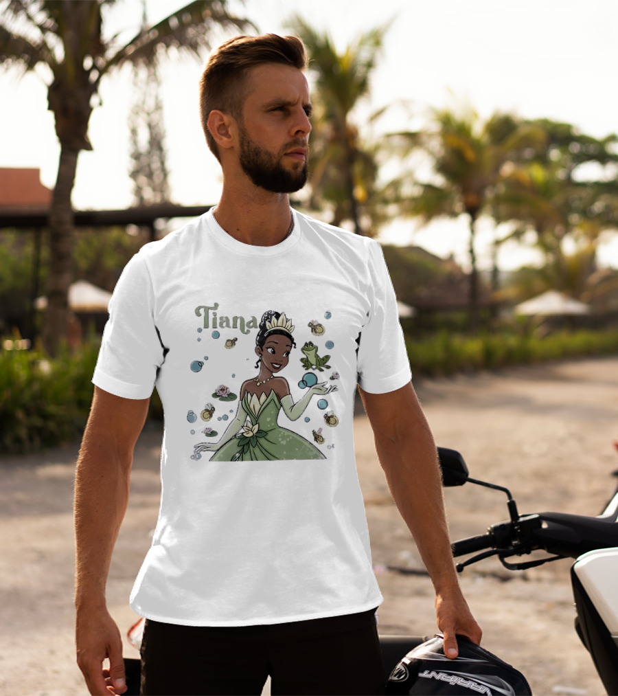 Tiana Disney Princess With Frog Fireflies And Water Lilies T-Shirt