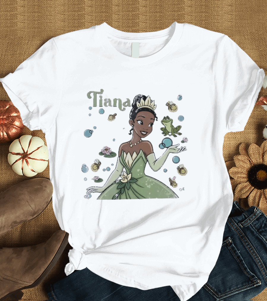 Tiana Disney Princess With Frog Fireflies And Water Lilies T-Shirt
