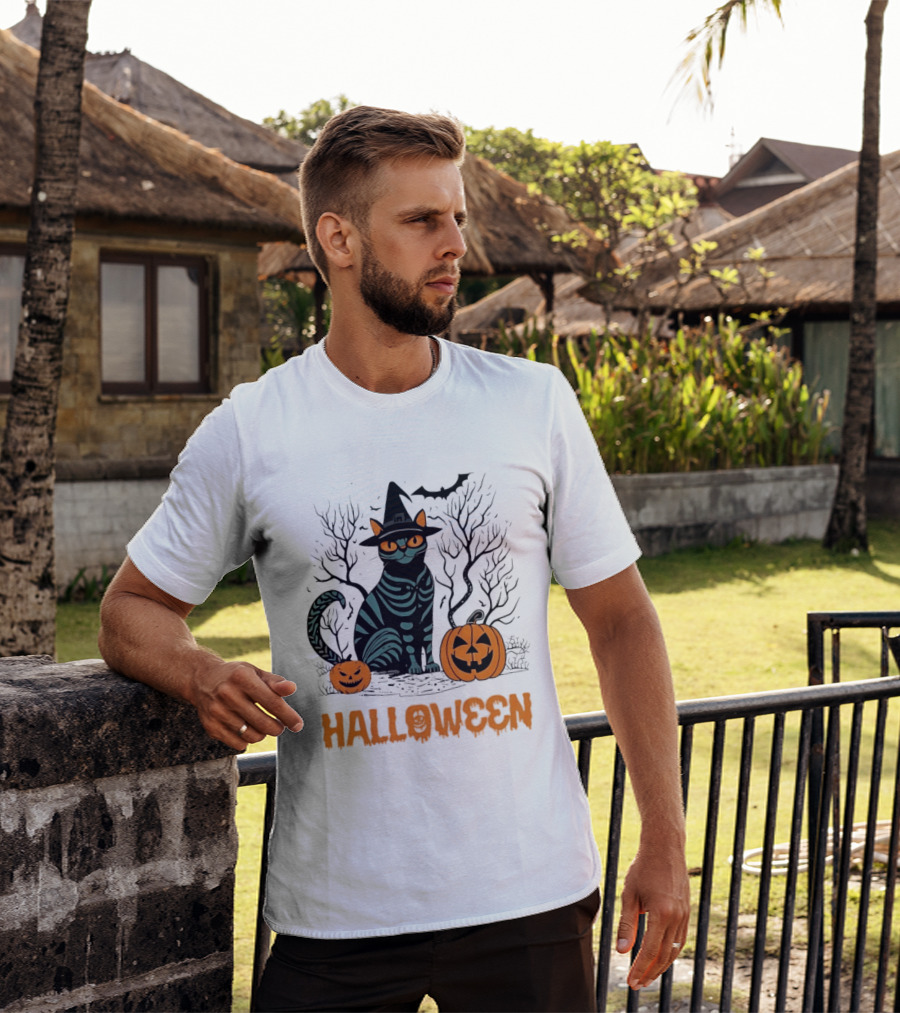 Halloween Skeleton Cat Witch Hat Pumpkins Spooky Forest Scene T-Shirt
