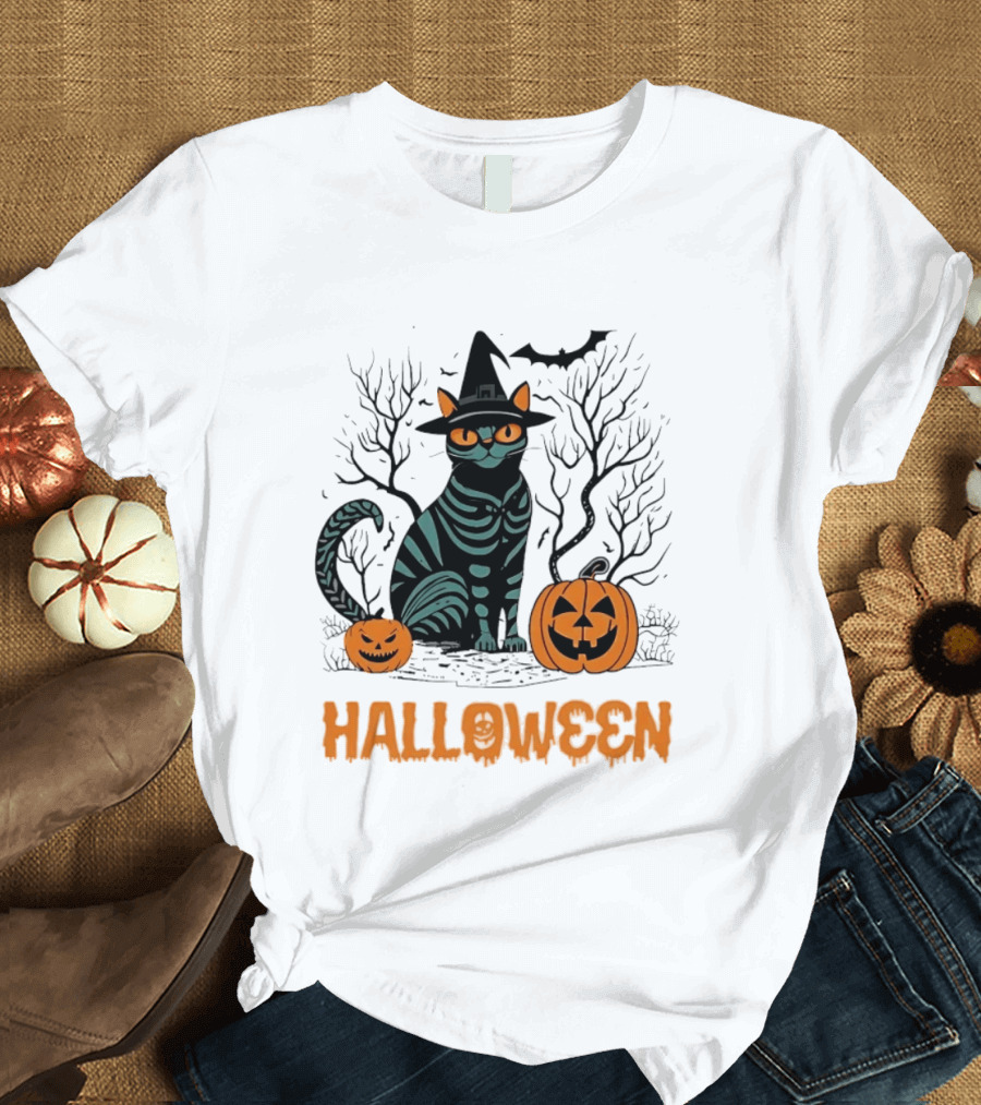 Halloween Skeleton Cat Witch Hat Pumpkins Spooky Forest Scene T-Shirt