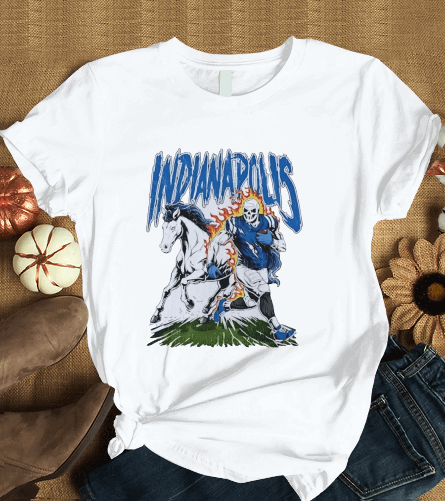 Indianapolis Football Skull And Horse Sports Flame Player Running T-Shirt