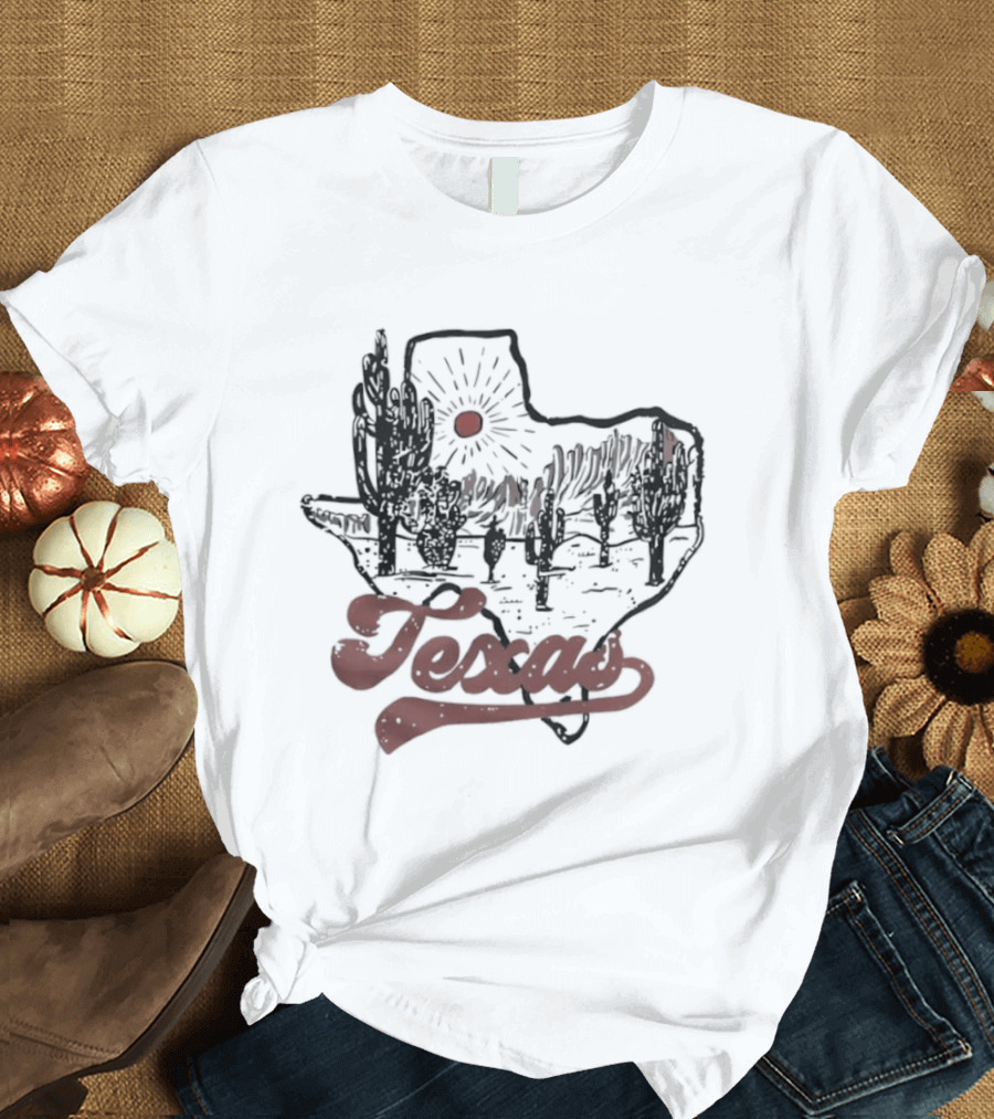 Texas Cacti Sun Rays Desert Scene Map T-Shirt