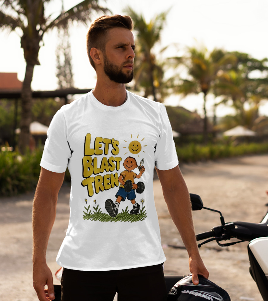 Let's Blast Tren Bodybuilding Fitness Workout Cartoon Dumbbell Sun T-Shirt