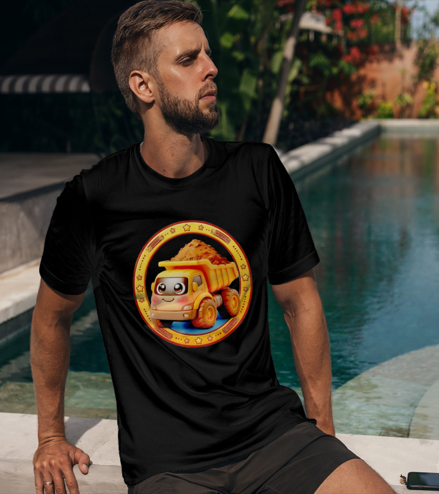 Yellow Dump Truck With Dirt Cute Construction Vehicle With Stars T-Shirt