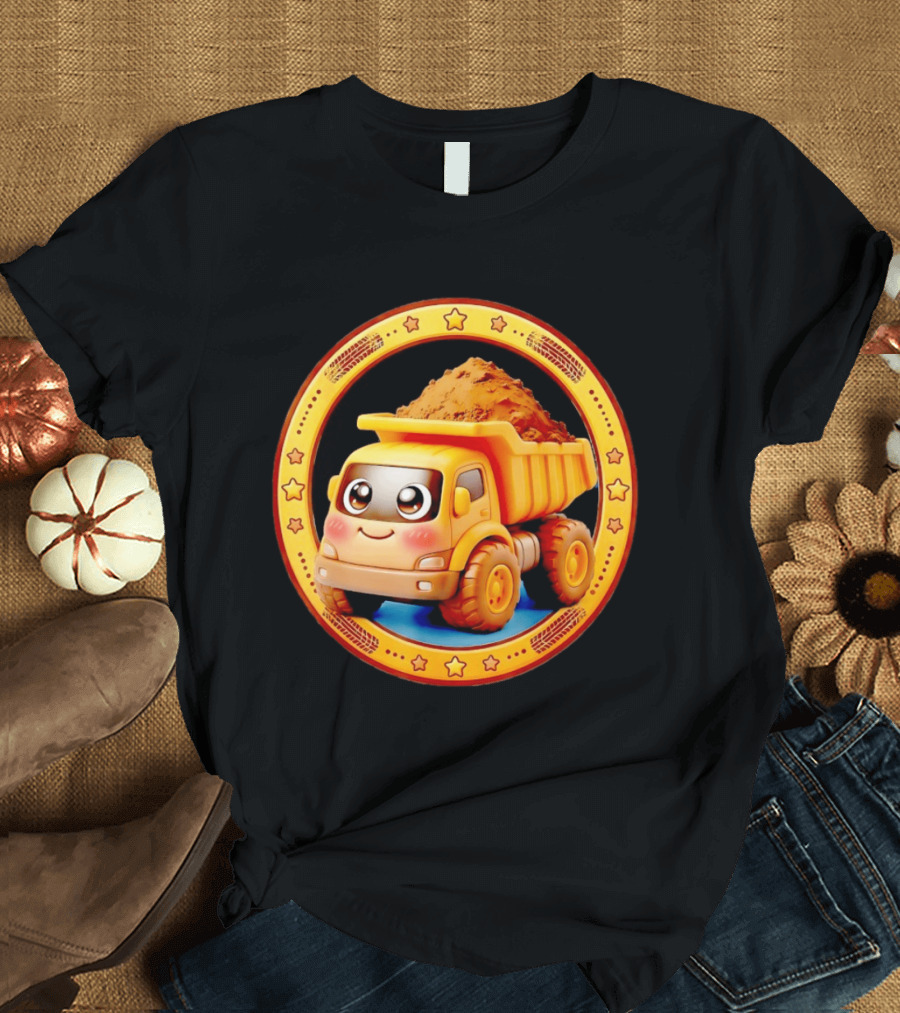 Yellow Dump Truck With Dirt Cute Construction Vehicle With Stars T-Shirt