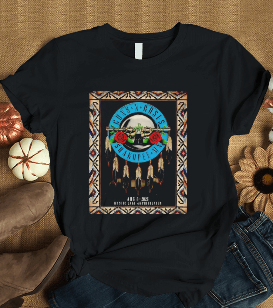 Guns N' Roses Shakopee MN August 8 2026 Mystic Lake Amphitheater Beaded Border Feathers Roses T-Shirt