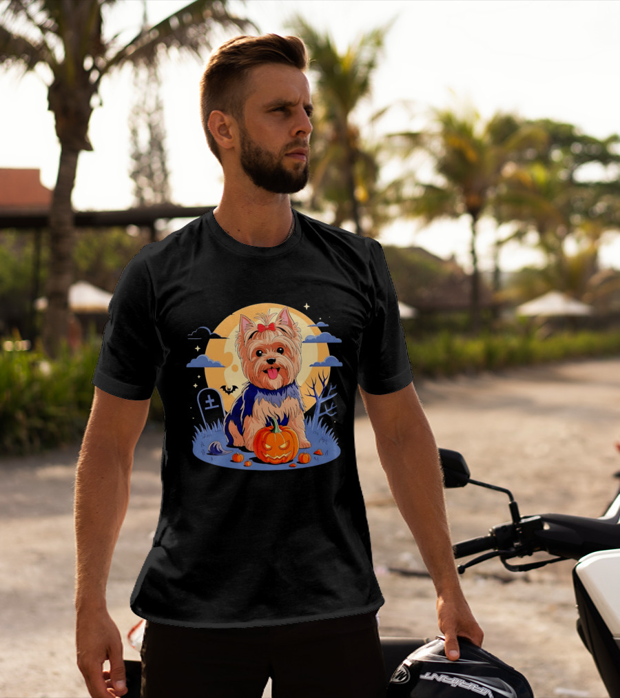 Yorkshire Terrier With Pumpkin On Spooky Halloween Night T-Shirt