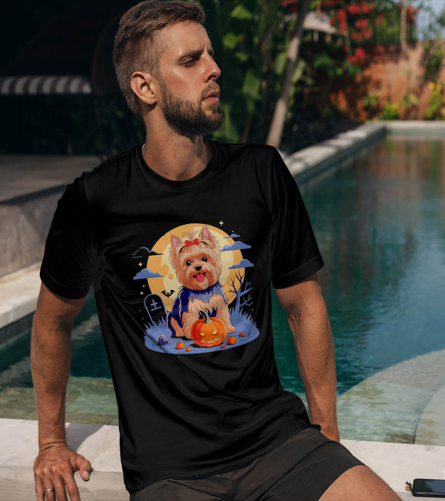 Yorkshire Terrier With Pumpkin On Spooky Halloween Night T-Shirt