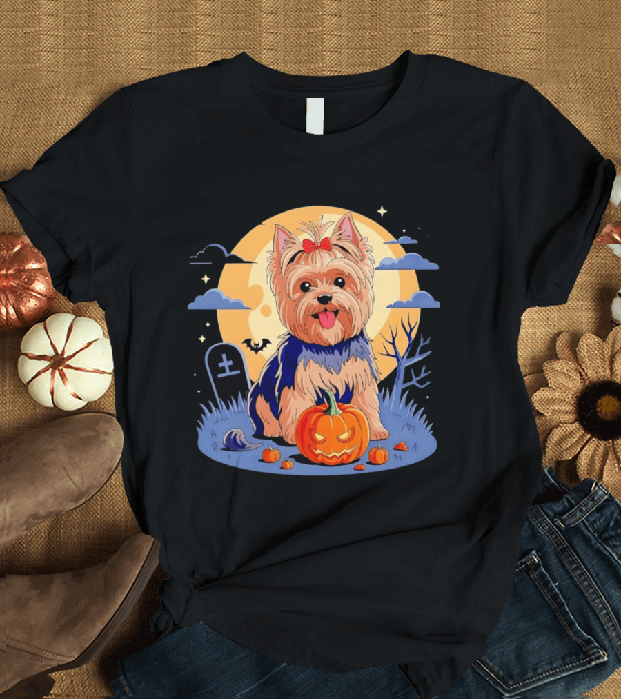 Yorkshire Terrier With Pumpkin On Spooky Halloween Night T-Shirt