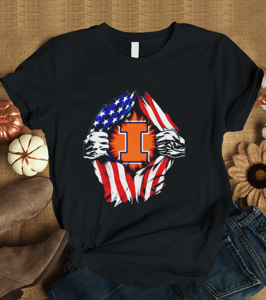 Illinois Fighting Illini I Letter American Flag Patriotic Rip T-Shirt
