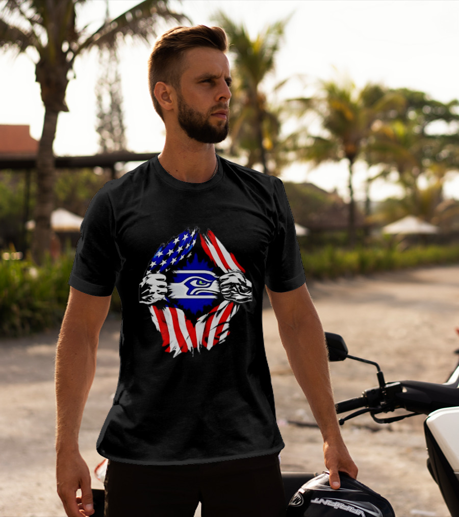Seattle Seahawks American Flag Ripped Chest USA Fan Gear T-Shirt