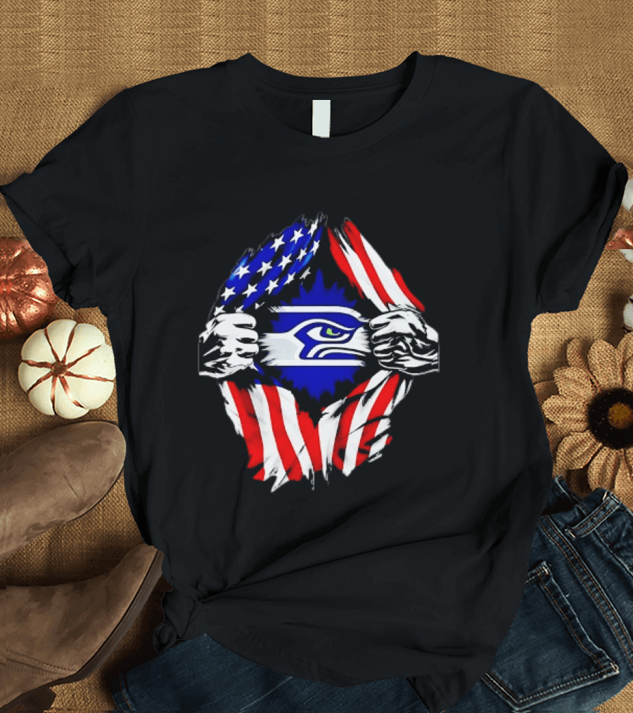 Seattle Seahawks American Flag Ripped Chest USA Fan Gear T-Shirt