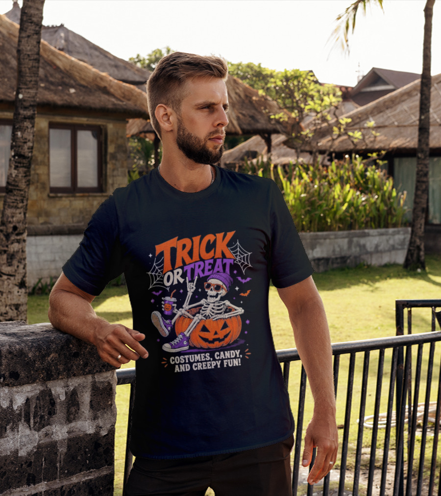 Skeleton Trick Or Treat Costumes Candy And Creepy Fun Halloween Party T-Shirt