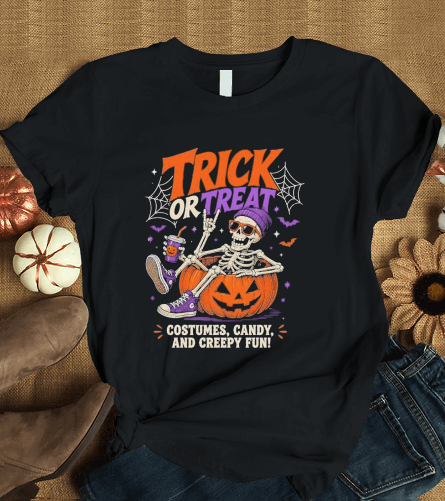 Skeleton Trick Or Treat Costumes Candy And Creepy Fun Halloween Party T-Shirt