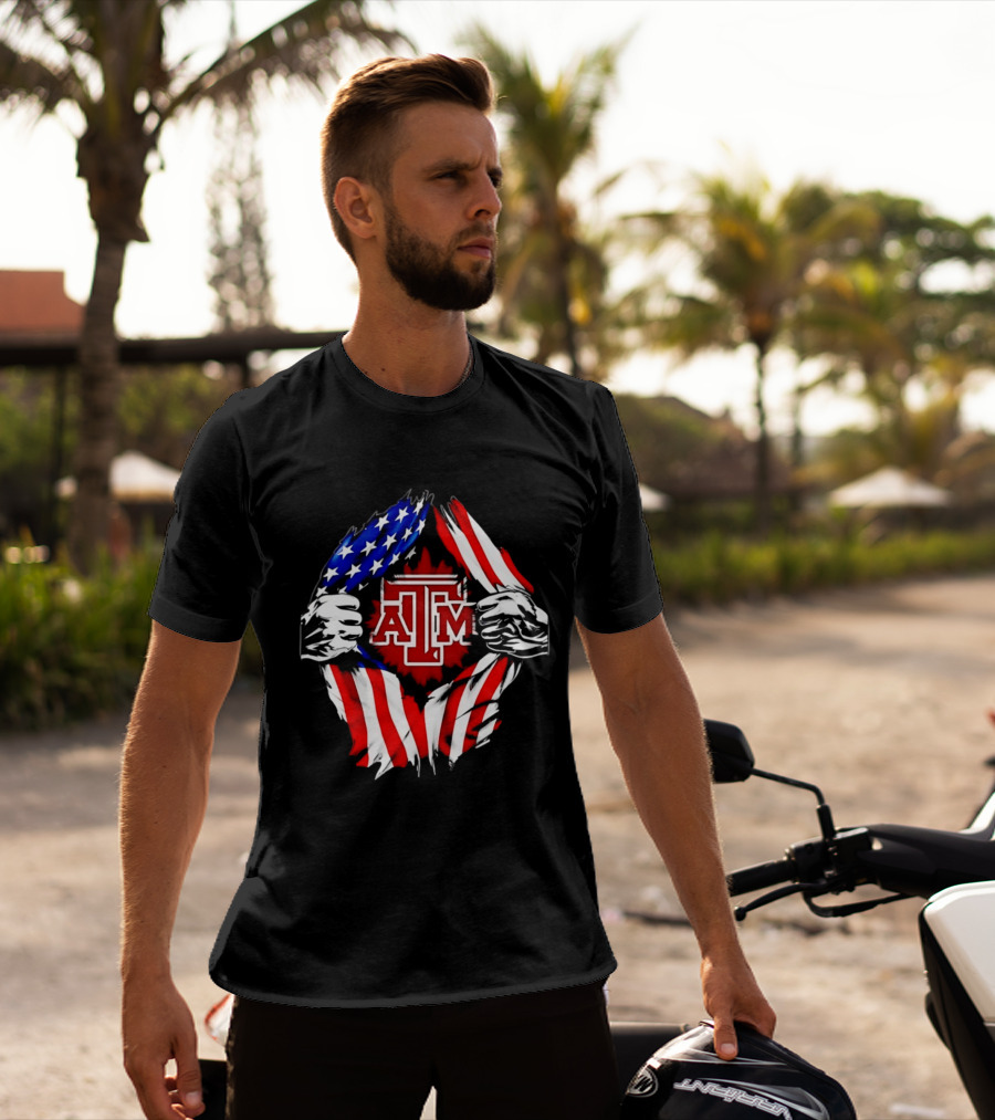 Texas A And M University Ripped Chest American Flag T-Shirt