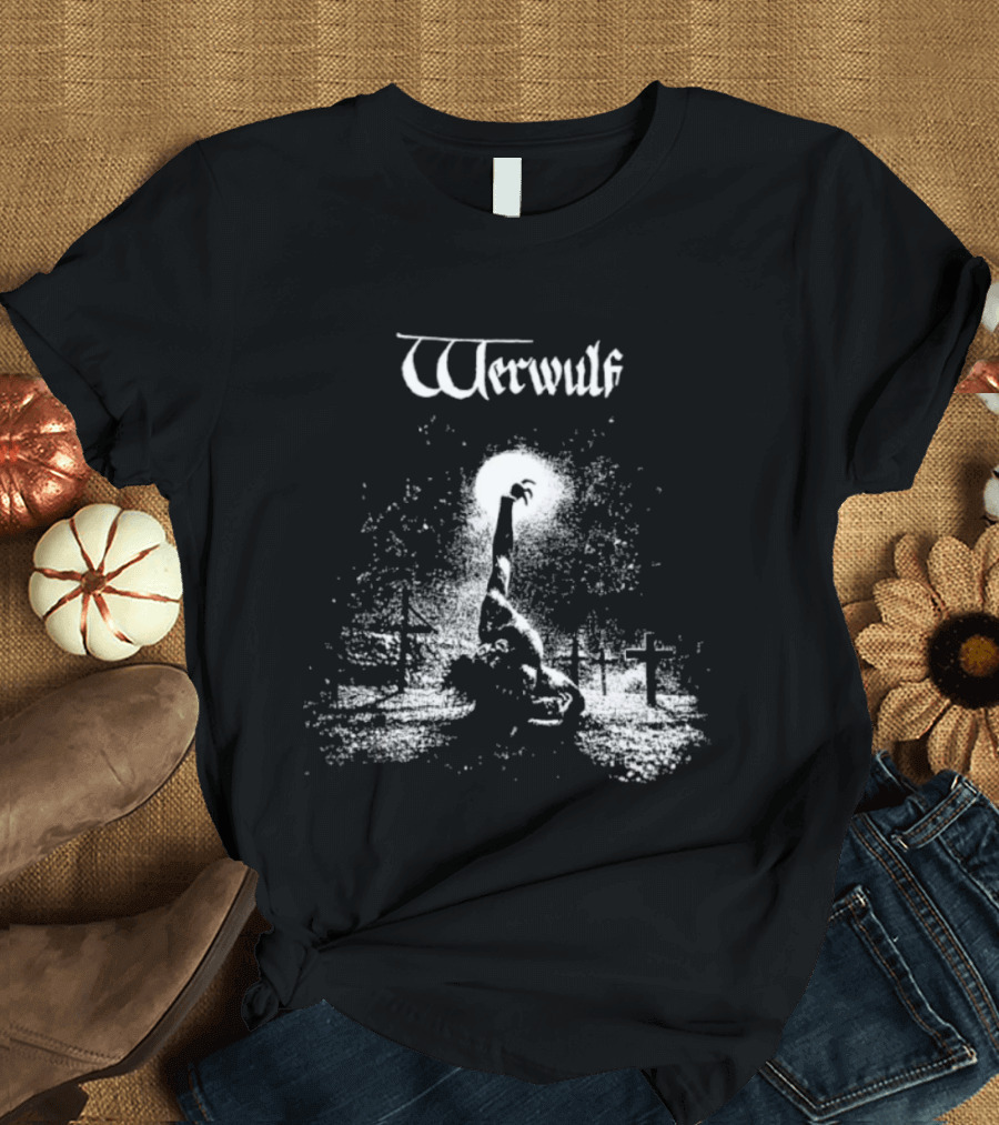 Werwulf Devoureth All Mankynde Black Metal Crosses And Moonlit Scene T-Shirt