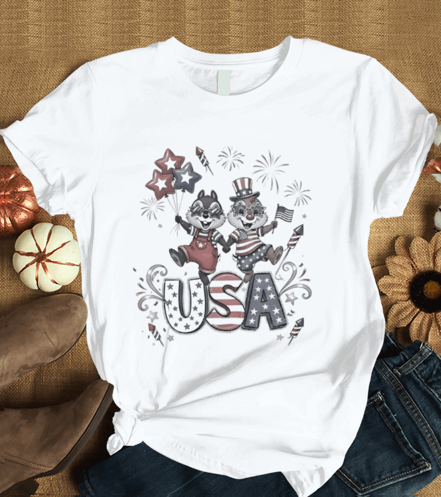 Chip And Dale USA Patriotic Fireworks Stars And Stripes Fourth Of July T-Shirt
