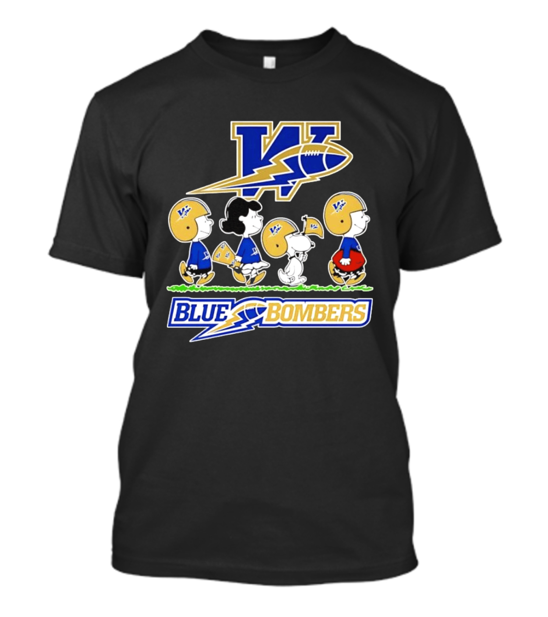 Peanuts Characters Winnipeg Blue Bombers CFL Collaboration Charlie Brown Snoopy Lucy Football Helmets T-Shirt