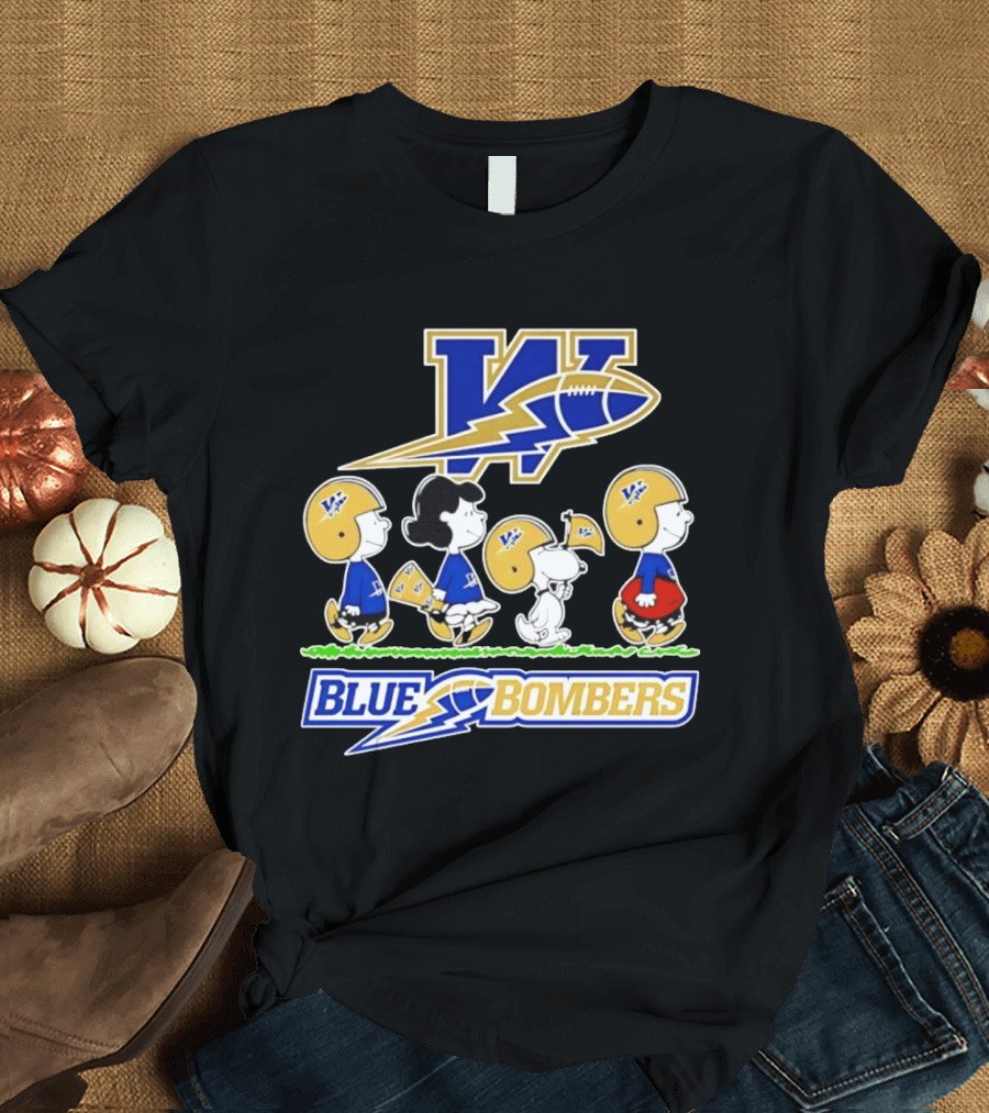 Peanuts Characters Winnipeg Blue Bombers CFL Collaboration Charlie Brown Snoopy Lucy Football Helmets T-Shirt