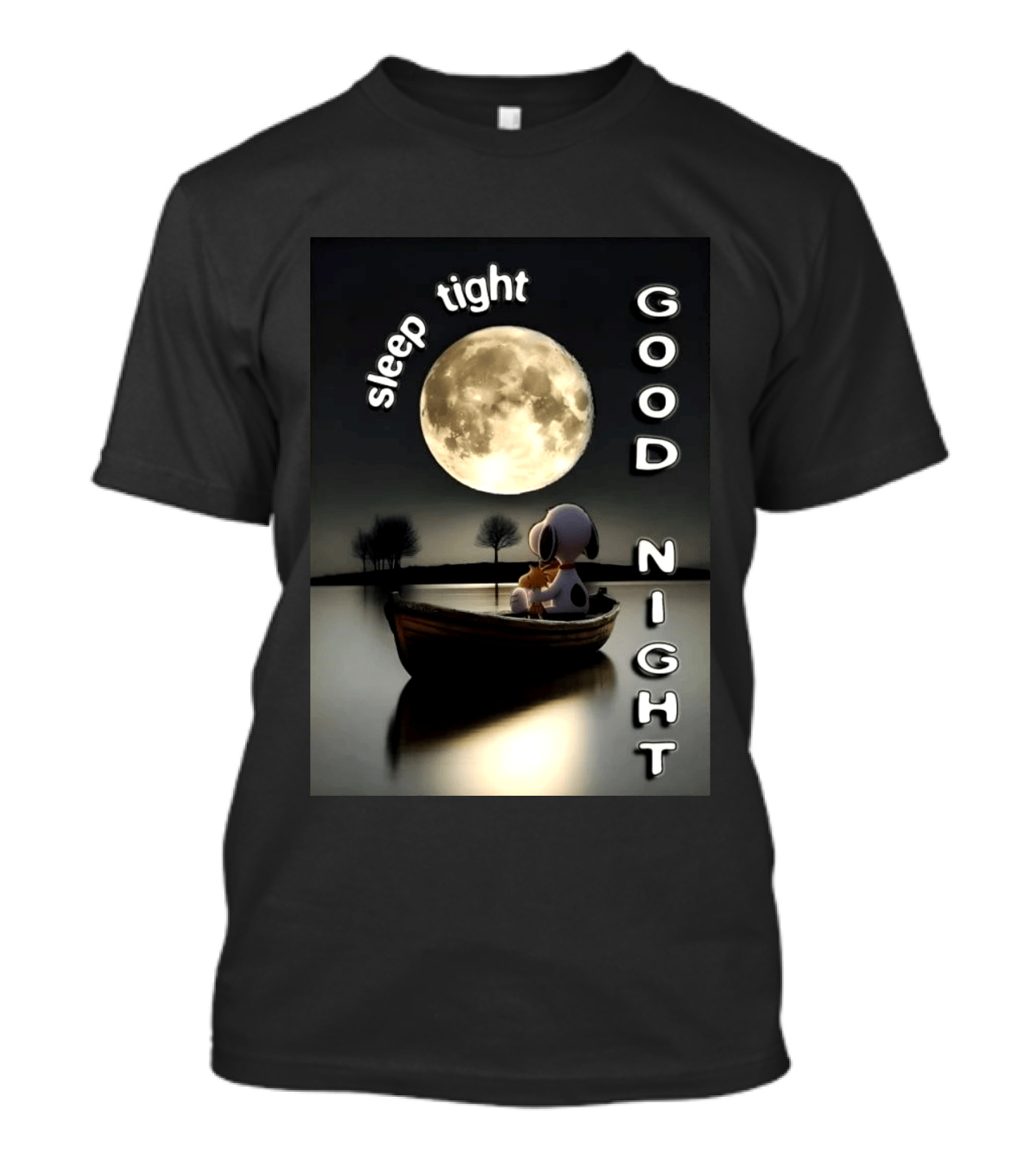 Sleep Tight Good Night Snoopy And Woodstock Moonlight Boat Scene T-Shirt