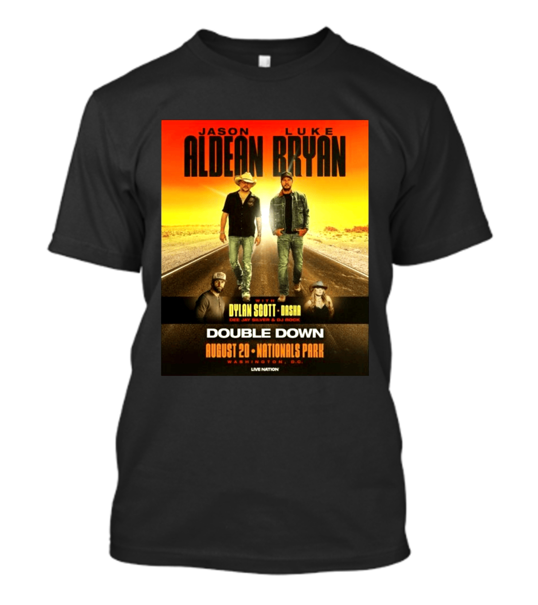 Jason Aldean Luke Bryan Double Down August 20 Nationals Park Washington D.C. With Dylan Scott Dasha Dee Jay Silver Dj Rock Live Nation T-Shirt