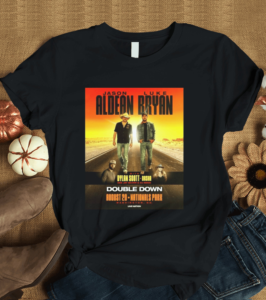 Jason Aldean Luke Bryan Double Down August 20 Nationals Park Washington D.C. With Dylan Scott Dasha Dee Jay Silver Dj Rock Live Nation T-Shirt