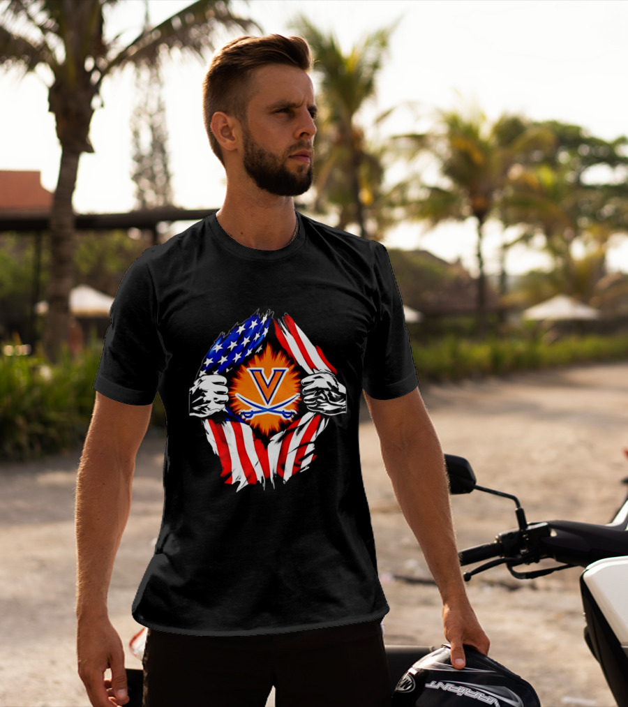 Virginia Cavaliers American Flag Ripped Chest V T-Shirt