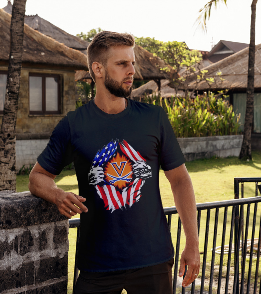 Virginia Cavaliers American Flag Ripped Chest V T-Shirt