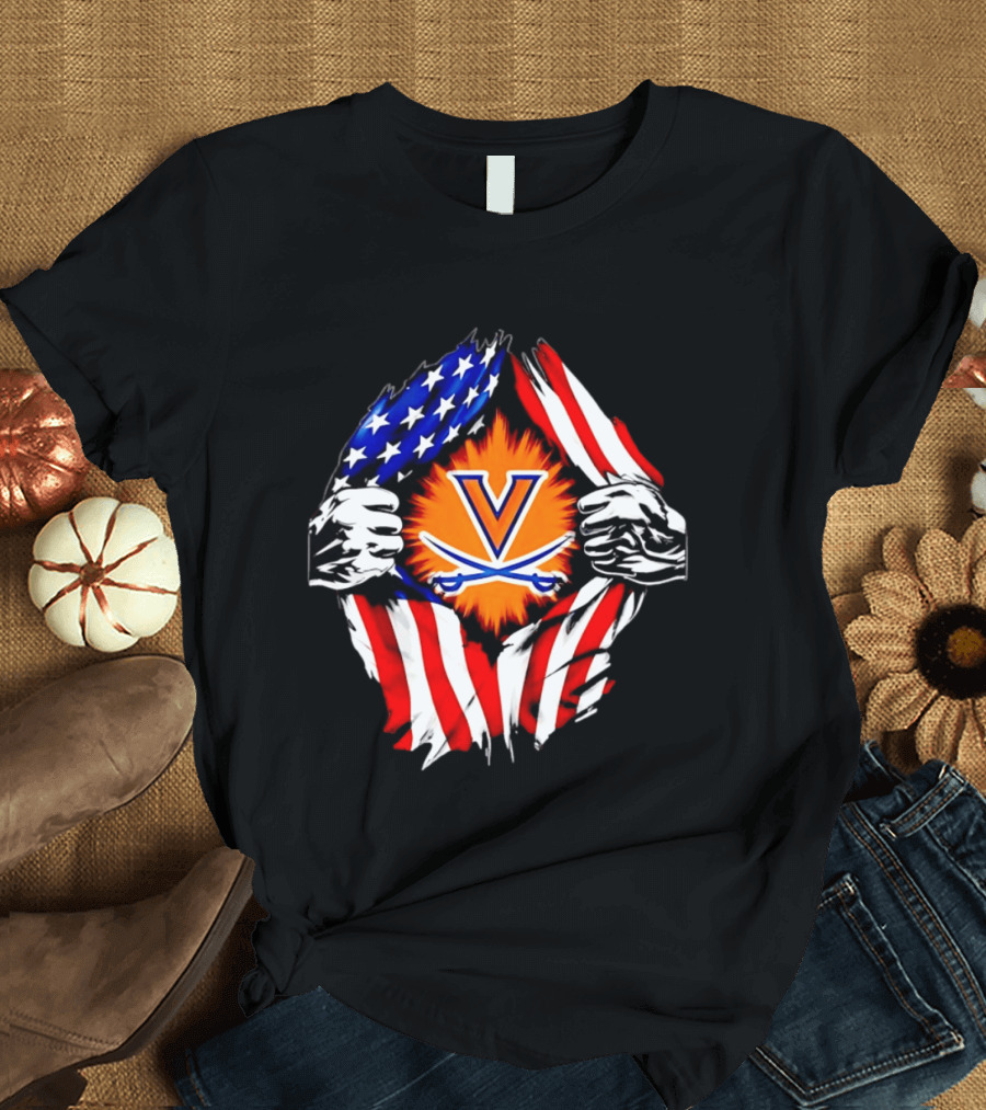 Virginia Cavaliers American Flag Ripped Chest V T-Shirt