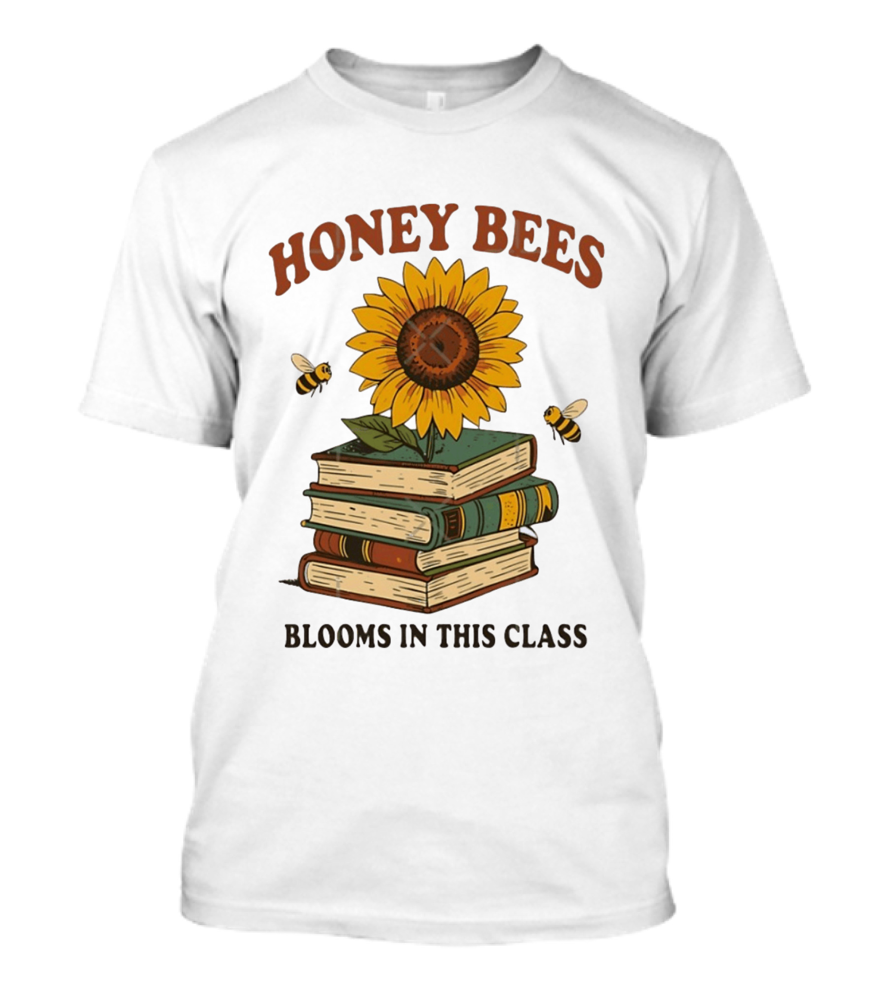 Honey Bees Blooms In This Class Sunflower And Books T-Shirt